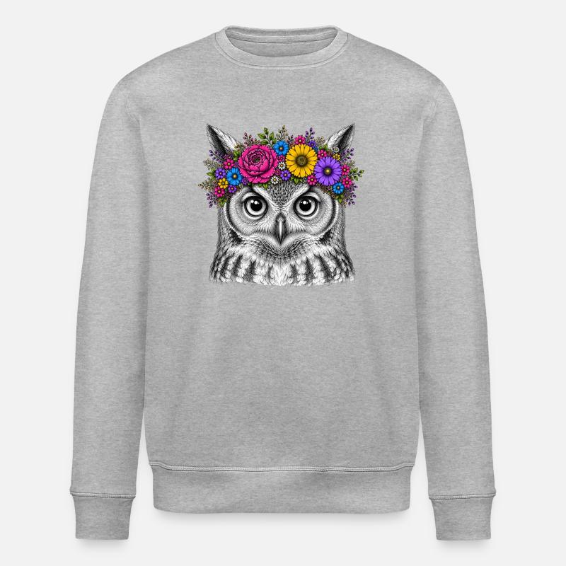 Eulenkopf mit Blumenkrone - Stanley/Stella Unisex Bio-Sweatshirt ROLLER - Grau meliert