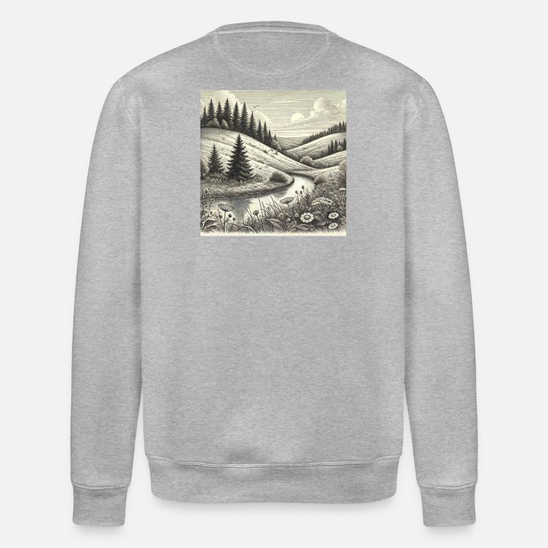 River Forest Landscape Engraving - Stanley/Stella ROLLER Unisex Organic Sweatshirt - heather grey