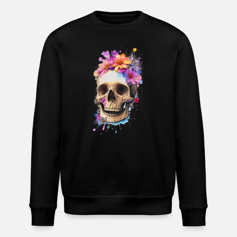 Schädel mit Blumen - Stanley/Stella Unisex Bio-Sweatshirt ROLLER - Schwarz