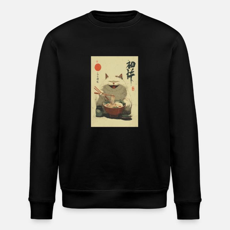 Happy White Cat Slurping Ramen - Stanley/Stella ROLLER Unisex Organic Sweatshirt - black