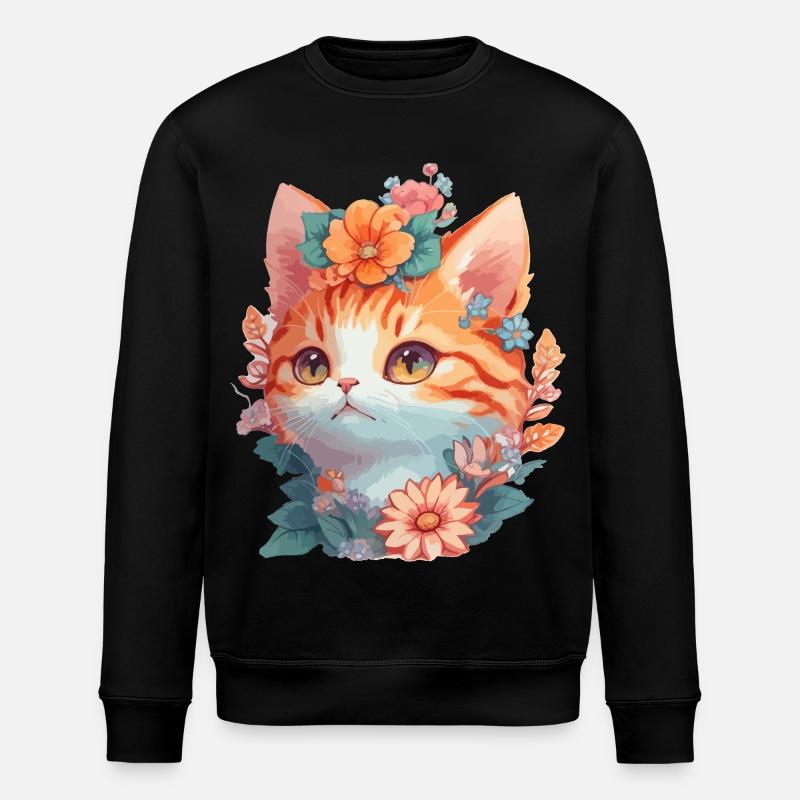 Rote Katze mit Blumen - Stanley/Stella Unisex Bio-Sweatshirt ROLLER - Schwarz