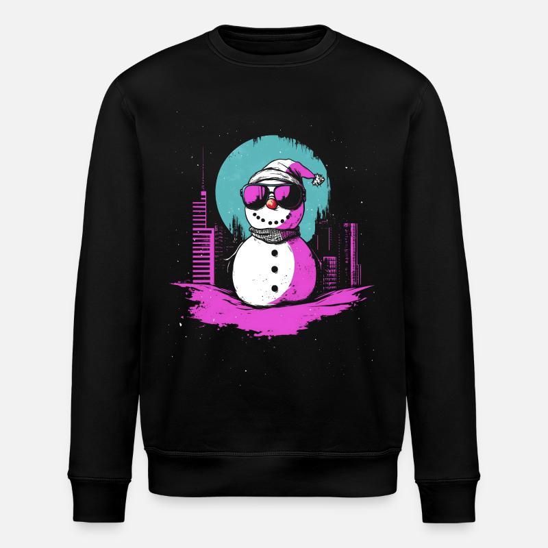 Retro Snowman Retrowave Synthwave Gift - Stanley/Stella ROLLER Unisex Organic Sweatshirt - black
