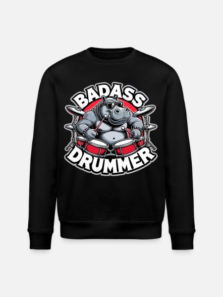 Badass Drummer Hippo Cool Gift - Stanley/Stella ROLLER Unisex Organic Sweatshirt - black