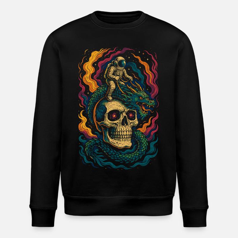 Astronaut Riding Dragon Cosmic Skull Art - Stanley/Stella ROLLER Unisex Organic Sweatshirt - black