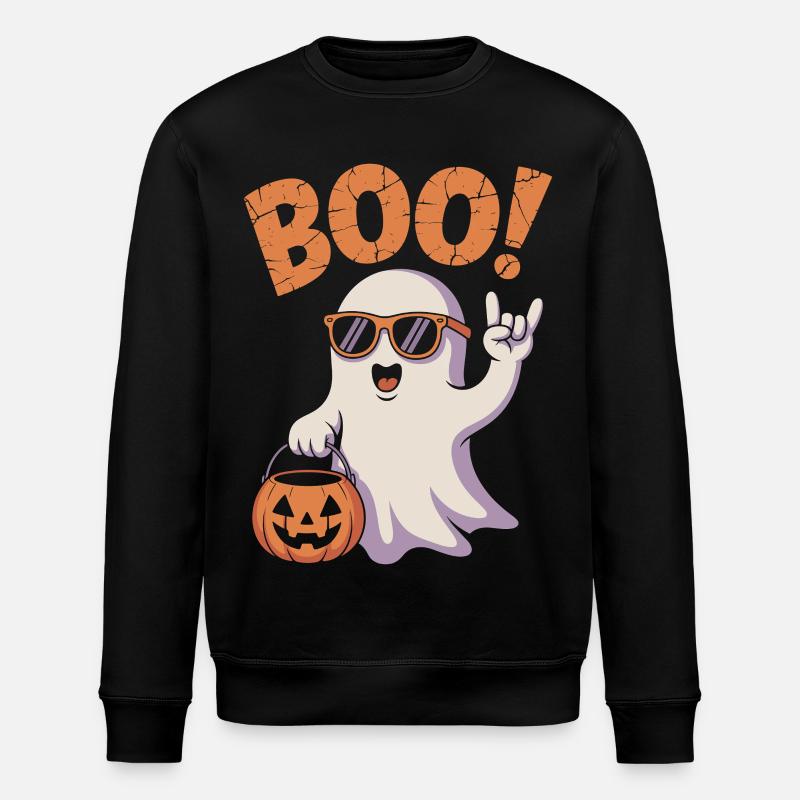 Funny Ghost With Pumpkin And Boo - Stanley/Stella ROLLER Unisex Organic Sweatshirt - black