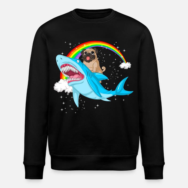 pug riding shark rainbow  - Stanley/Stella ROLLER Unisex Organic Sweatshirt - black