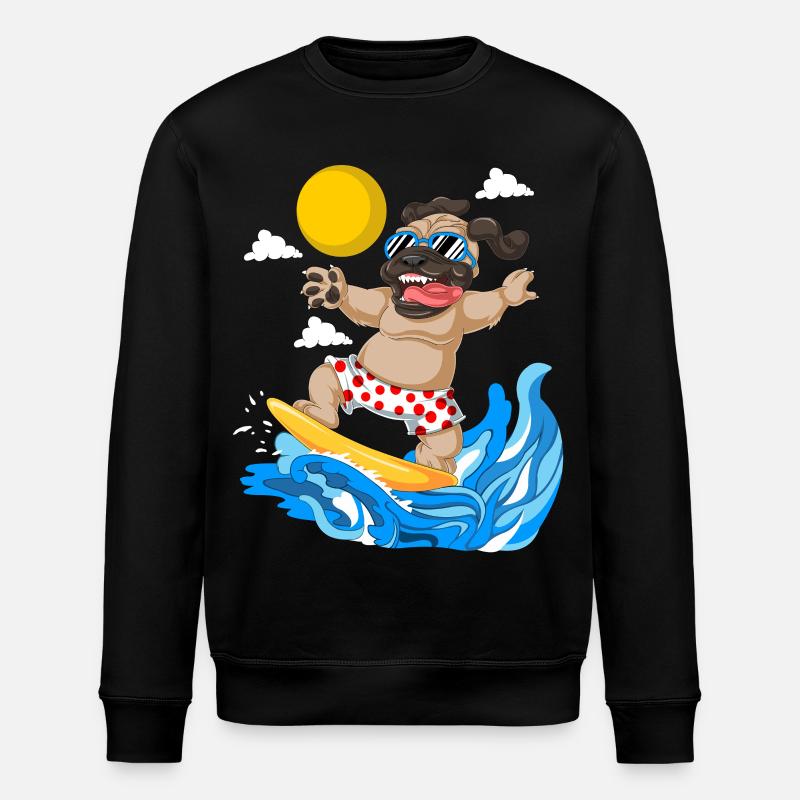 Pug Surfing Summer Beach Tee - Stanley/Stella ROLLER Unisex Organic Sweatshirt - black