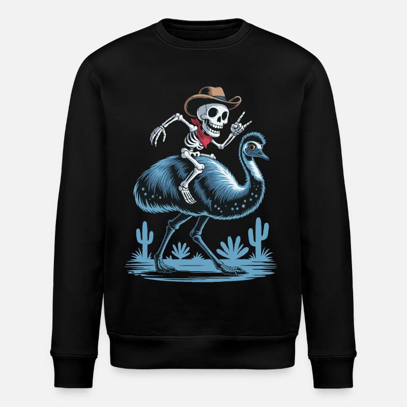 Skeleton on Emu with Cowboy Hat - Stanley/Stella ROLLER Unisex Organic Sweatshirt - black