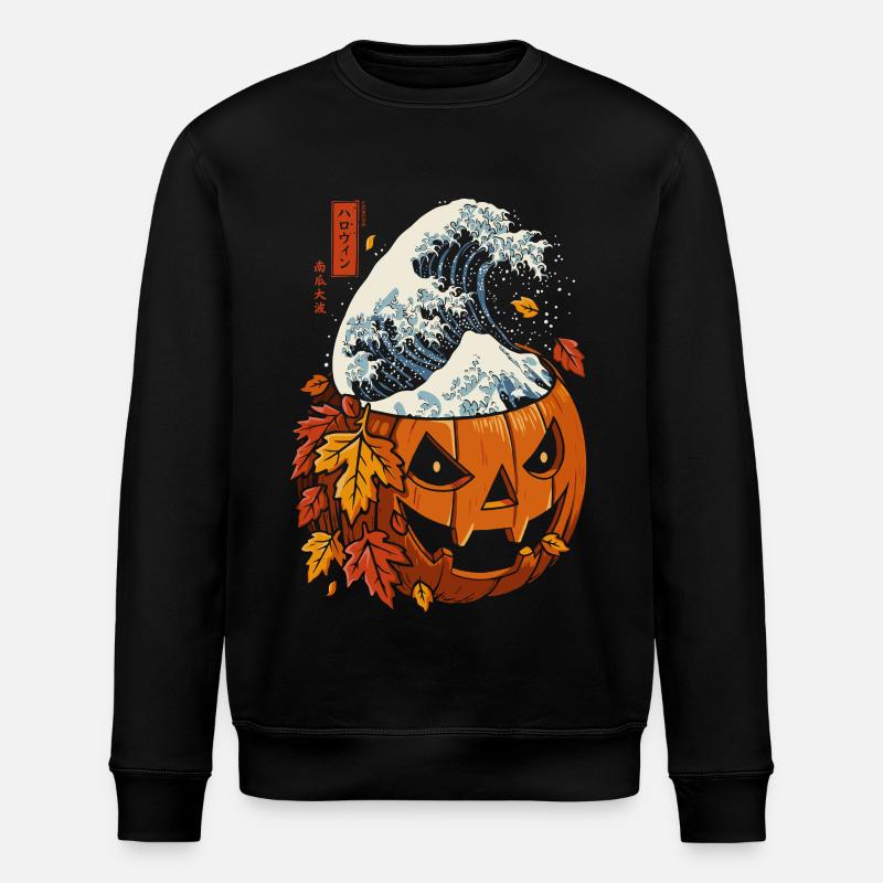 Halloween Fall - Pumpkin Wave Kanagawa - Stanley/Stella ROLLER Unisex Organic Sweatshirt - black