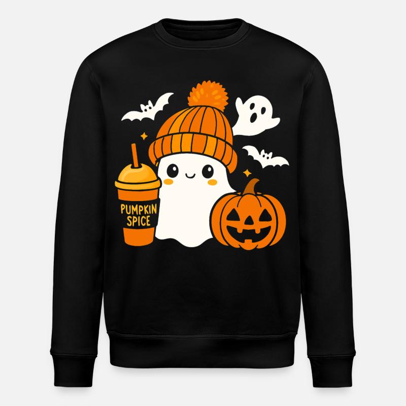 Cute Ghost Coffee Hat Cartoon Halloween - Stanley/Stella ROLLER Unisex Organic Sweatshirt - black
