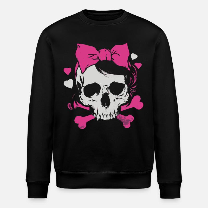 Pink Skull with Braids and Bows - Stanley/Stella ROLLER Unisex Organic Sweatshirt - black