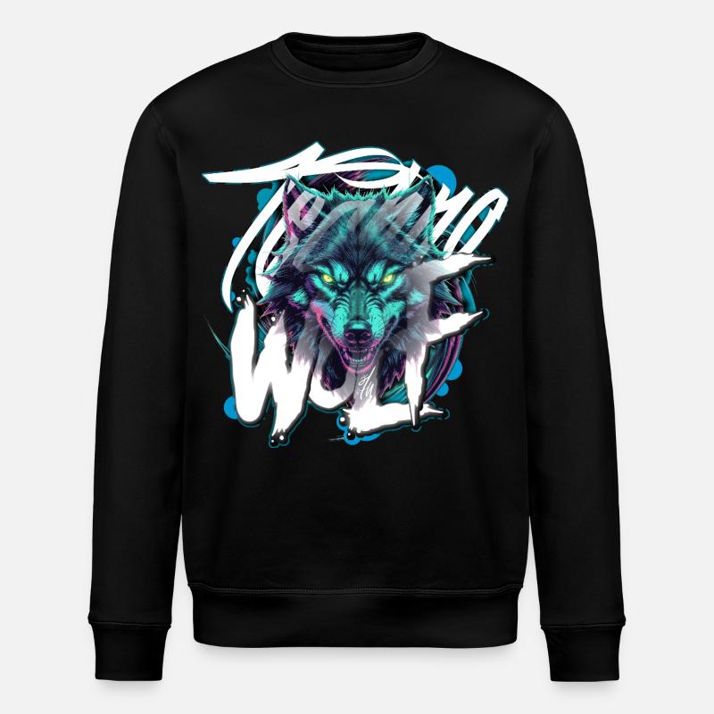 Neon Techno Wolf Head–Rave Wolf - Stanley/Stella ROLLER Unisex Organic Sweatshirt - black