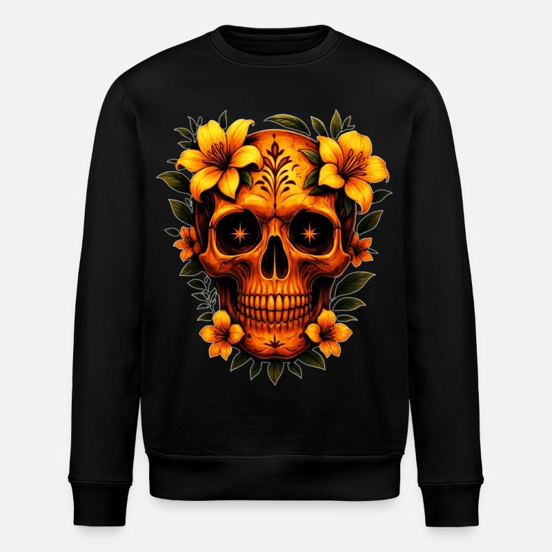 Totenkopf mit Blumen  - Stanley/Stella Unisex Bio-Sweatshirt ROLLER - Schwarz