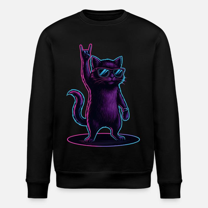 Synthwave Cat Cat with Rockhand Pose - Stanley/Stella ROLLER Unisex Organic Sweatshirt - black