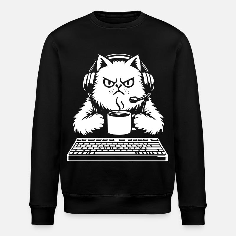 Chat grognon gamer café et clavier - Stanley/Stella Unisex Bio-Sweatshirt ROLLER - Schwarz