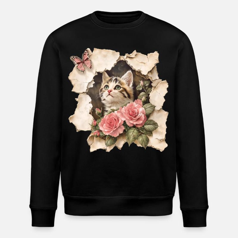 Katze mit Schmetterling - Stanley/Stella Unisex Bio-Sweatshirt ROLLER - Schwarz