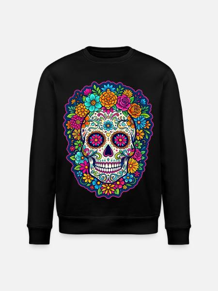 Mexican skull sugar skull flowers - Stanley/Stella ROLLER Unisex Organic Sweatshirt - black