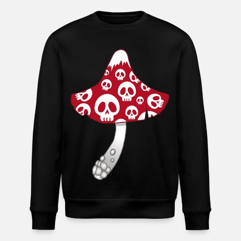 Red Mushroom with White Skulls - Stanley/Stella ROLLER Unisex Organic Sweatshirt - black