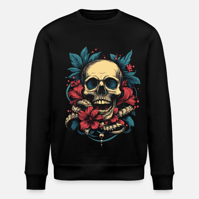 Crâne tropical avec des fleurs - Sweat bio ROLLER Stanley/Stella Unisexe - noir