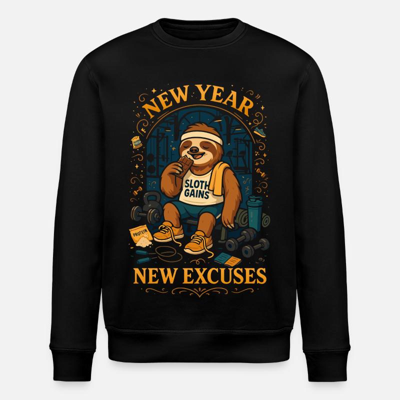 New Year – Sloth Gains Excuses - Stanley/Stella ROLLER Unisex Organic Sweatshirt - black