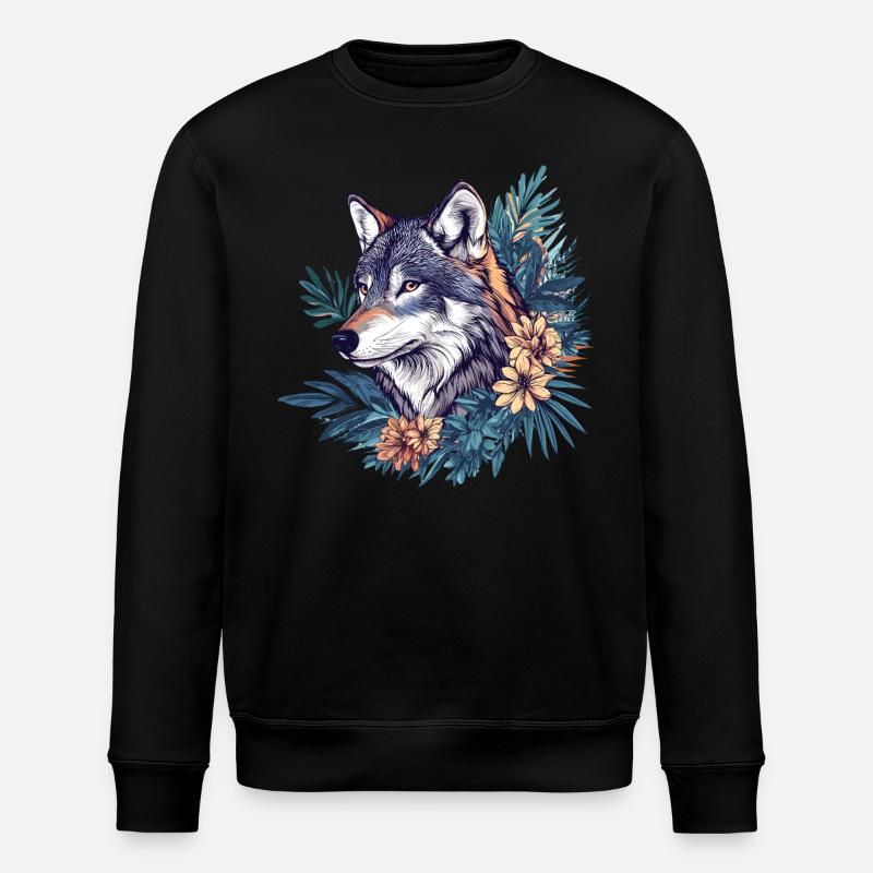 Wilder Wolf mit Blumen - Stanley/Stella Unisex Bio-Sweatshirt ROLLER - Schwarz