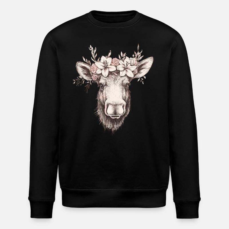 Elch mit Blumenkrone - Stanley/Stella Unisex Bio-Sweatshirt ROLLER - Schwarz