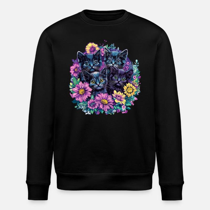 Schwarze Kätzchen mit Blumen - Stanley/Stella Unisex Bio-Sweatshirt ROLLER - Schwarz