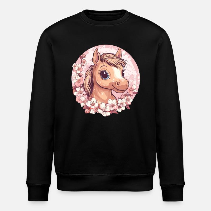Cheerful Pony with Flowers - Stanley/Stella ROLLER Unisex Organic Sweatshirt - black