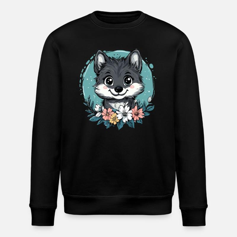 Süßer Wolf mit Blumen - Stanley/Stella Unisex Bio-Sweatshirt ROLLER - Schwarz