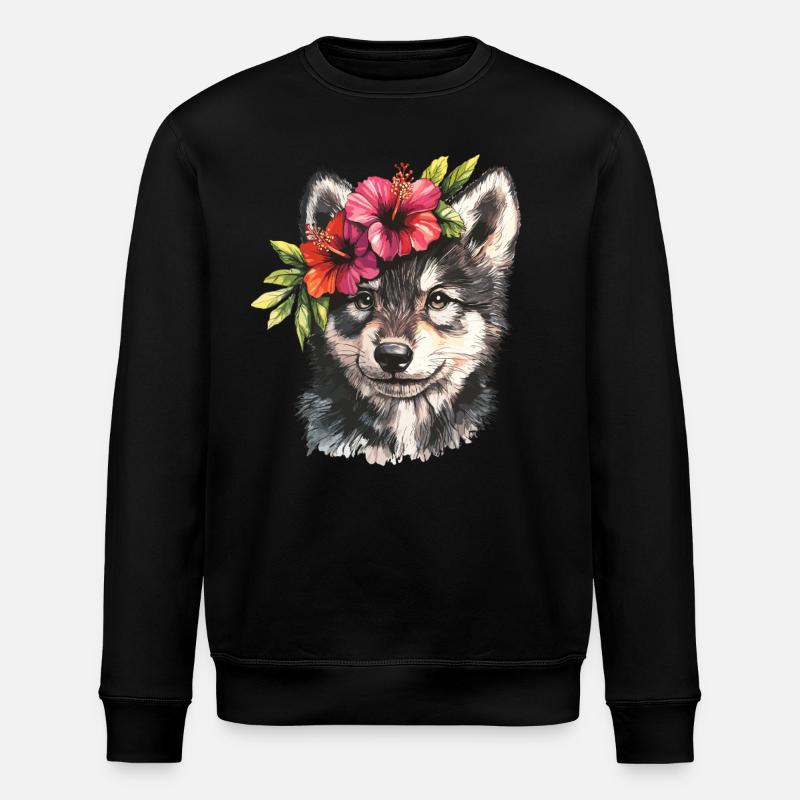 Husky with Hibiscus - Stanley/Stella ROLLER Unisex Organic Sweatshirt - black