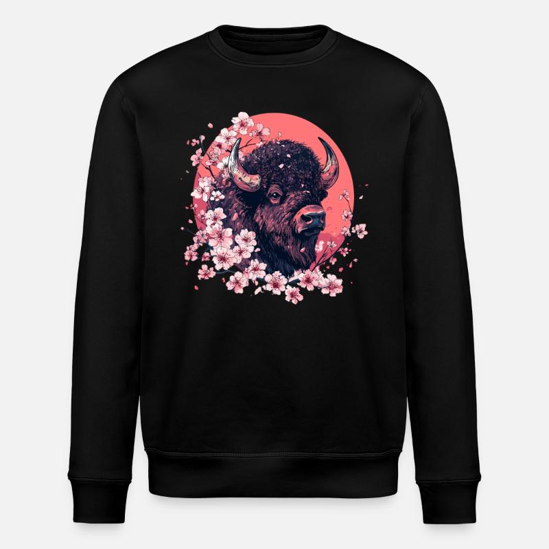 Bison with cherry blossoms - Stanley/Stella ROLLER Unisex Organic Sweatshirt - black