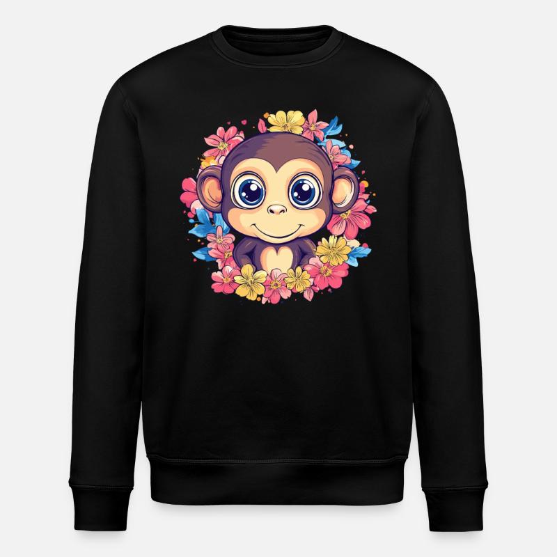 Fröhlicher Affe mit Blumen - Stanley/Stella Unisex Bio-Sweatshirt ROLLER - Schwarz