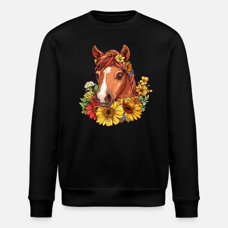 Blumenpferd im Sommerkranz - Stanley/Stella Unisex Bio-Sweatshirt ROLLER - Schwarz