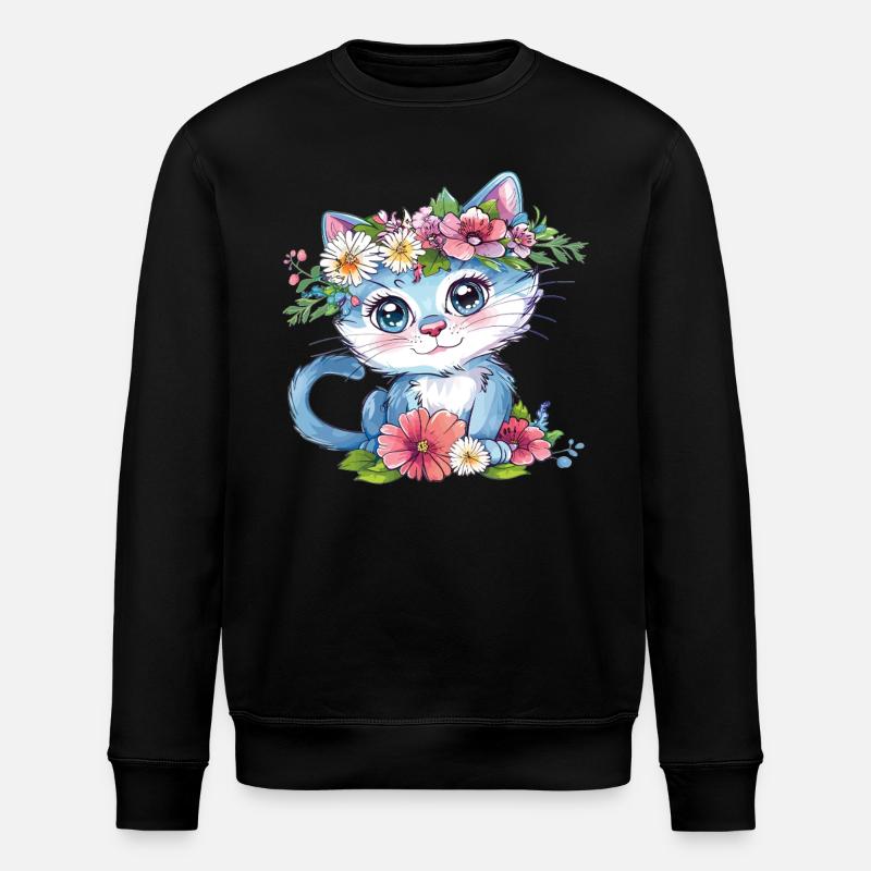 Blumenkatze im Kranz - Stanley/Stella Unisex Bio-Sweatshirt ROLLER - Schwarz