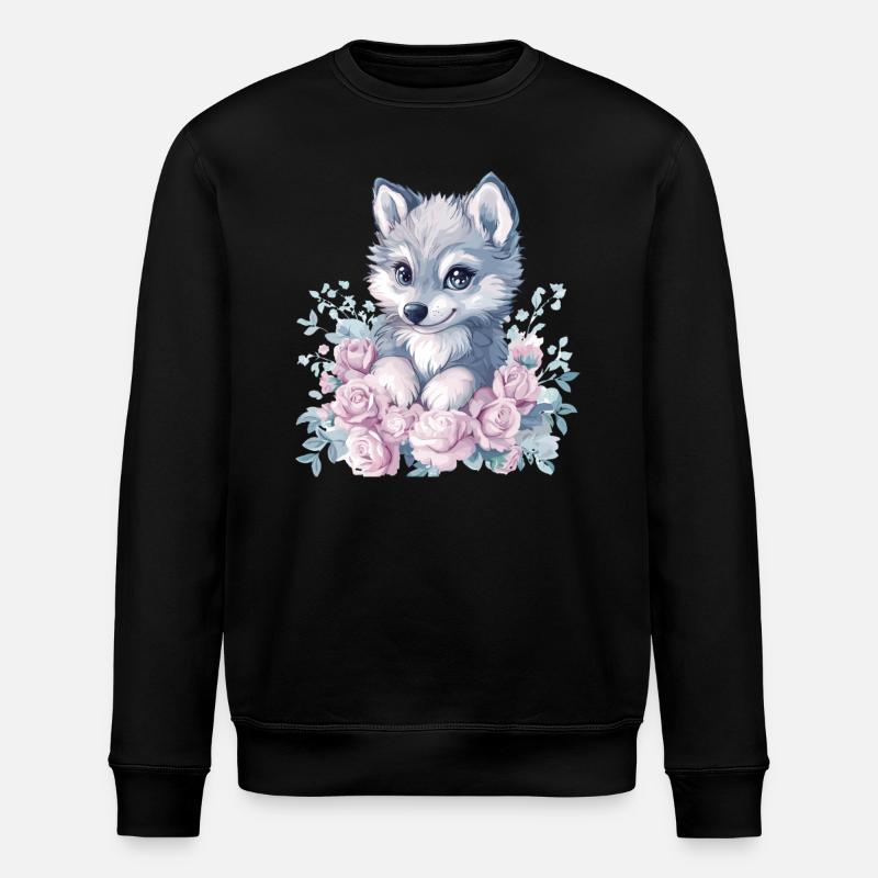 Husky with roses - Stanley/Stella ROLLER Unisex Organic Sweatshirt - black
