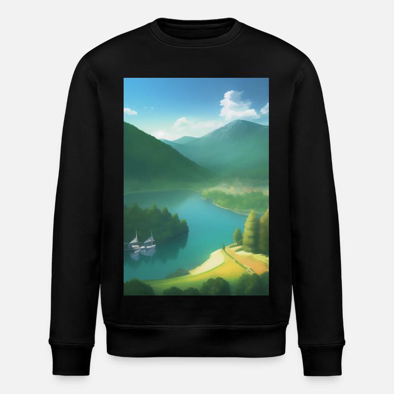 Landschaft mit See, Boot und Berge - Stanley/Stella Unisex Bio-Sweatshirt ROLLER - Schwarz