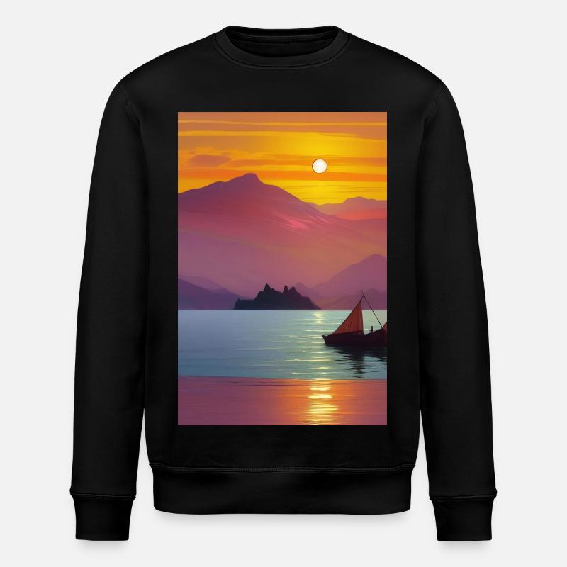 Landschaft mit See, Boot und Berge - Stanley/Stella Unisex Bio-Sweatshirt ROLLER - Schwarz