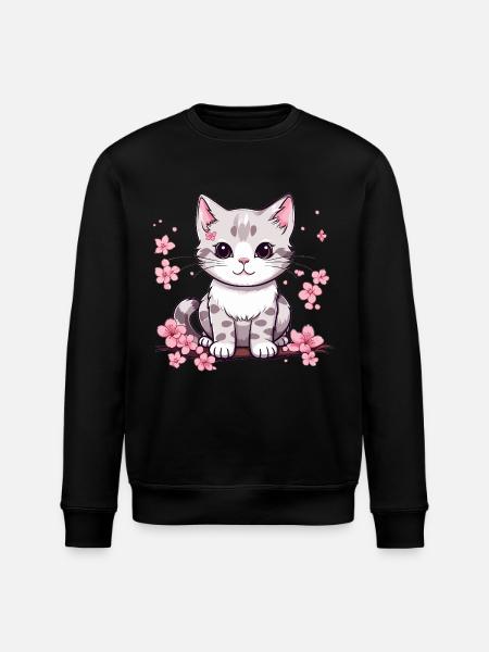 Süße Katze mit Kirschblüten - Stanley/Stella Unisex Bio-Sweatshirt ROLLER - Schwarz