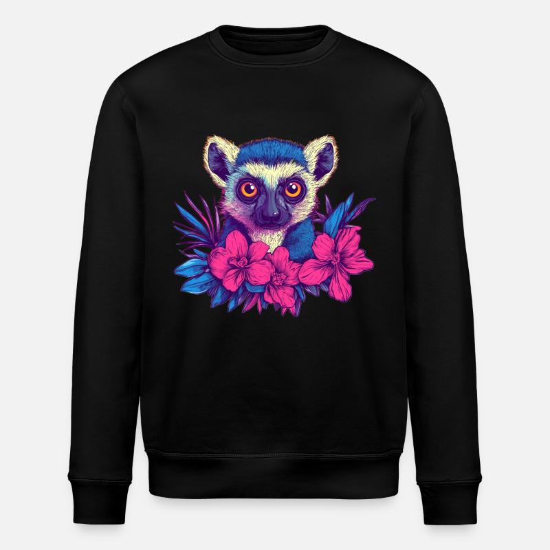 Lemur mit Tropenblumen - Stanley/Stella Unisex Bio-Sweatshirt ROLLER - Schwarz
