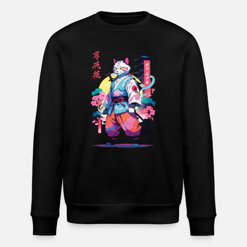 Samurai Cat Vaporwave Aesthetic - Stanley/Stella ROLLER Unisex Organic Sweatshirt - black