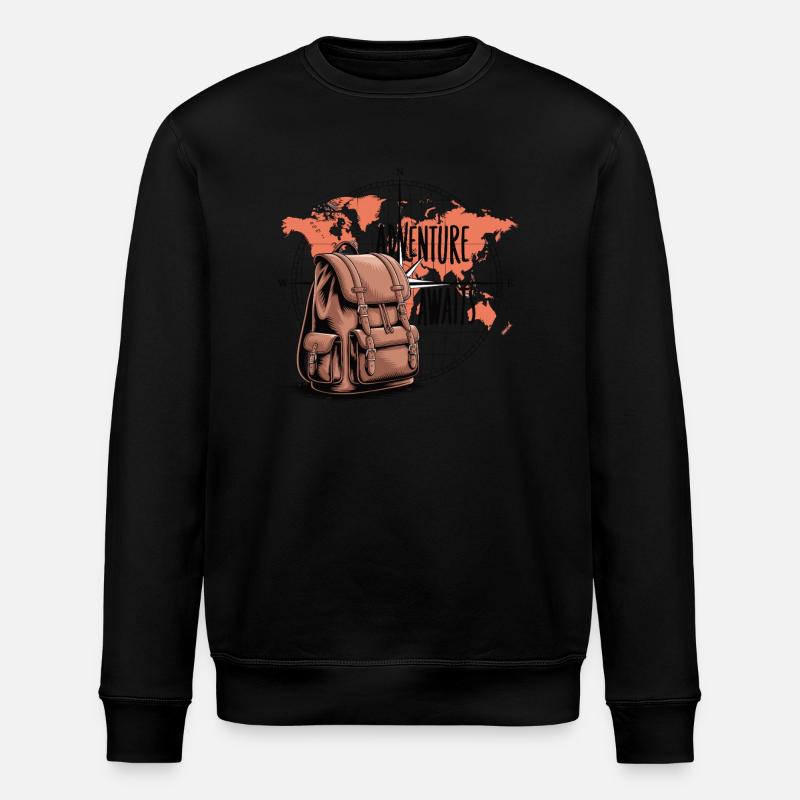 Adventure Awaits – Compass & Backpack - Stanley/Stella ROLLER Unisex Organic Sweatshirt - black