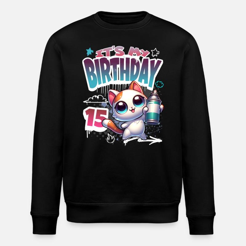 15th Birthday Cat Graffiti - Stanley/Stella ROLLER Unisex Organic Sweatshirt - black