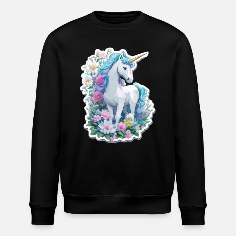 Einhorn im Blumengarten - Stanley/Stella Unisex Bio-Sweatshirt ROLLER - Schwarz