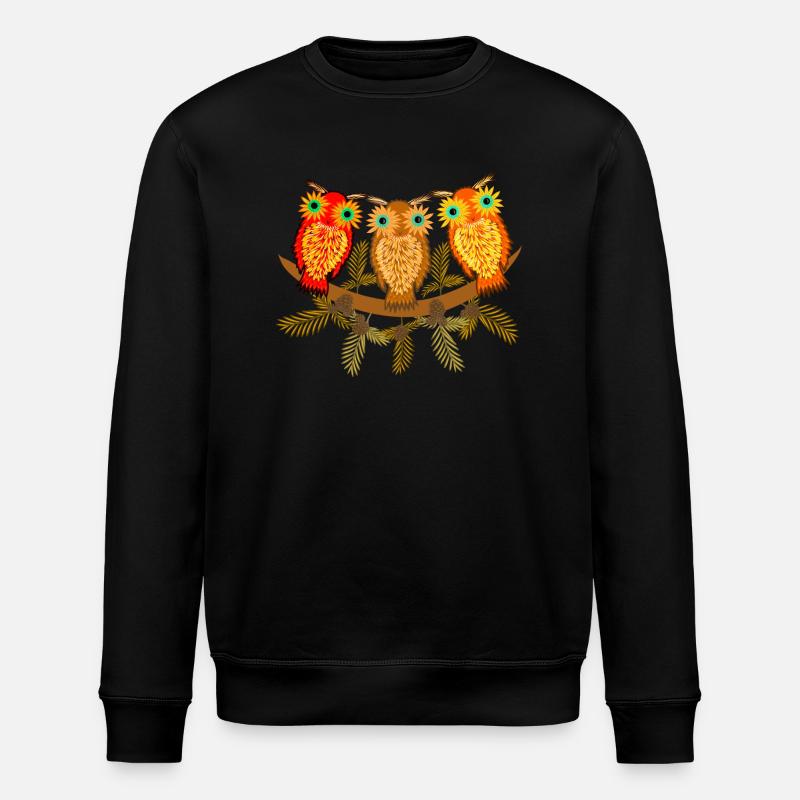 Drei bunte Eulen mit Kiefernzweigen - Stanley/Stella Unisex Bio-Sweatshirt ROLLER - Schwarz