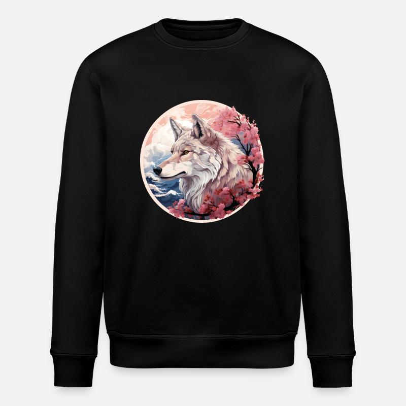 Japanischer Wolf, Kirschblüte - Stanley/Stella Unisex Bio-Sweatshirt ROLLER - Schwarz