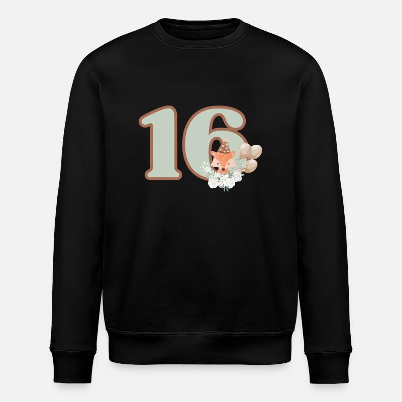 16th Birthday Fox Flowers - Stanley/Stella ROLLER Unisex Organic Sweatshirt - black