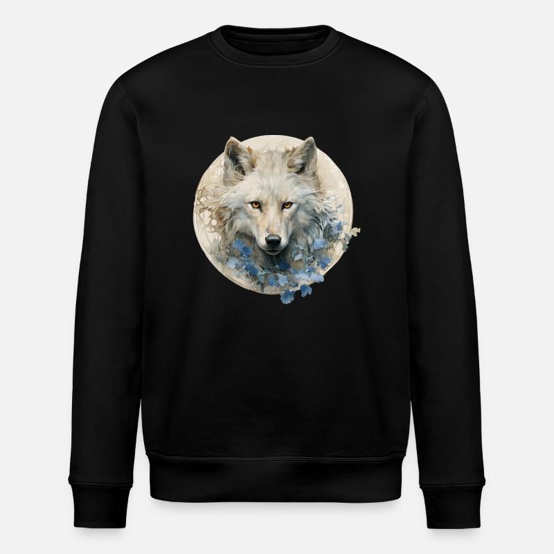 Weißer Wolf mit Art-déco-Blumen - Stanley/Stella Unisex Bio-Sweatshirt ROLLER - Schwarz