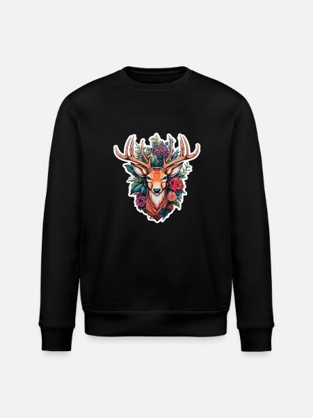 Hirschkopf mit Blumen - Stanley/Stella Unisex Bio-Sweatshirt ROLLER - Schwarz