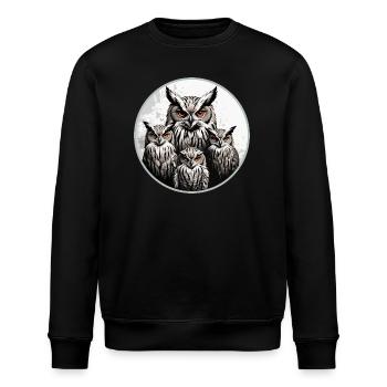 Eulenfamilie - grafisches Eulenmotiv mit vier Uhus - Stanley/Stella Unisex Bio-Sweatshirt ROLLER - Schwarz - Vorne - Nik (191cm)