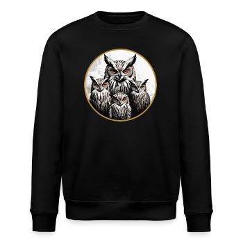 Eulenfamilie - grafisches Eulenmotiv mit vier Uhus - Stanley/Stella Unisex Bio-Sweatshirt ROLLER - Schwarz - Vorne - Nik (191cm)